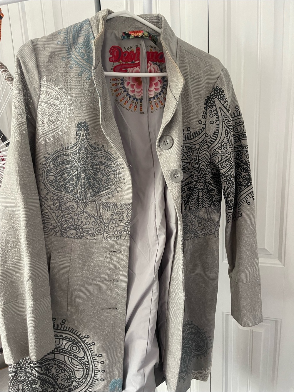 Desigual Light Gray Printed Trench Coat with Black Motifs